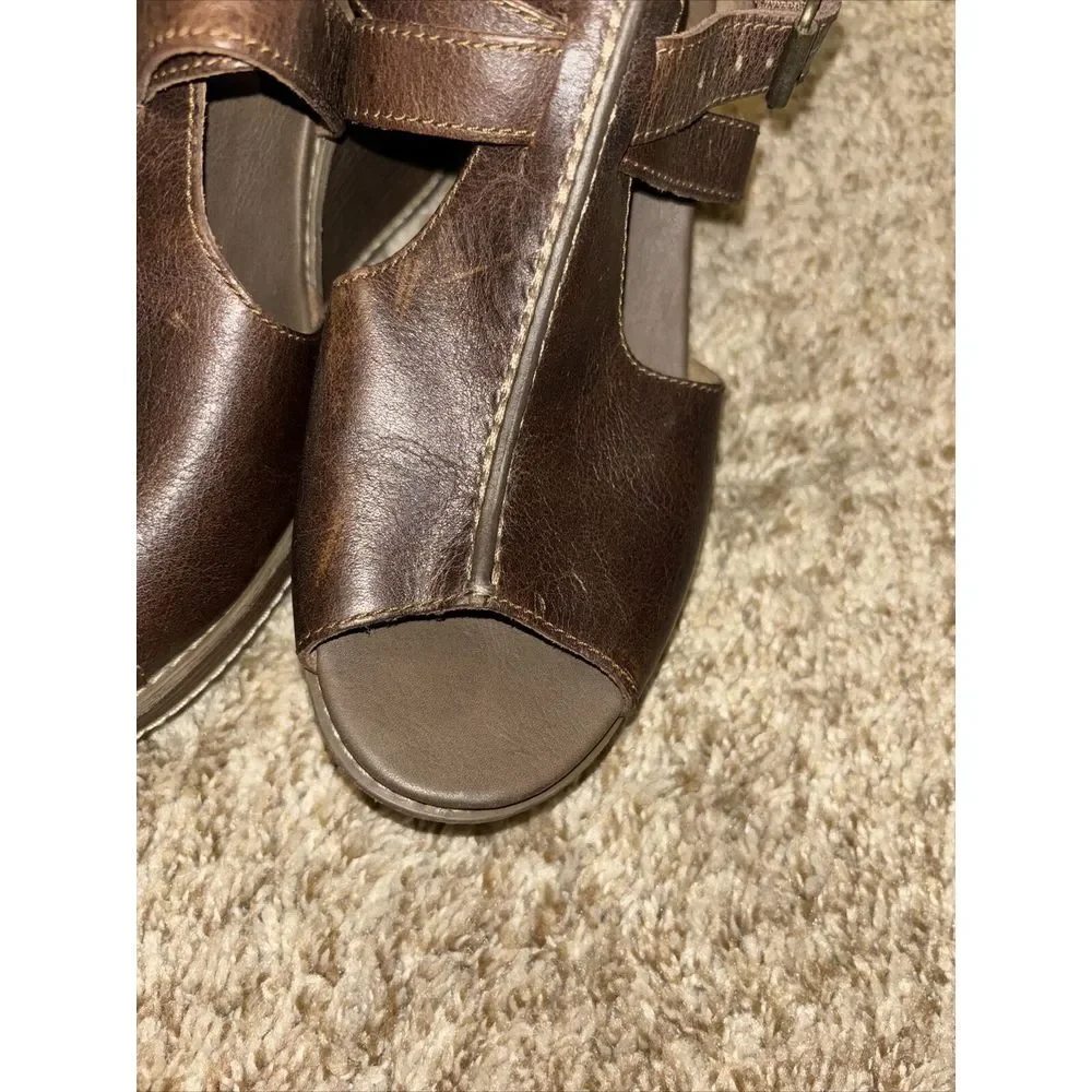 Timberland Earthkeepers Danforth Brown Wedge Leather Sandals Size 9 Anti-Fatigue